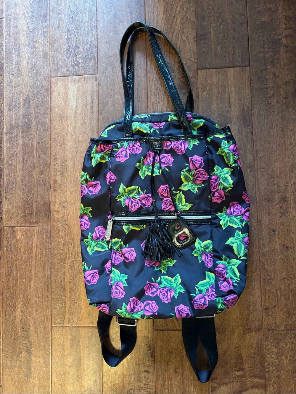 Betsey Johnson Floral Print Black Backpack Tote with Pink Roses